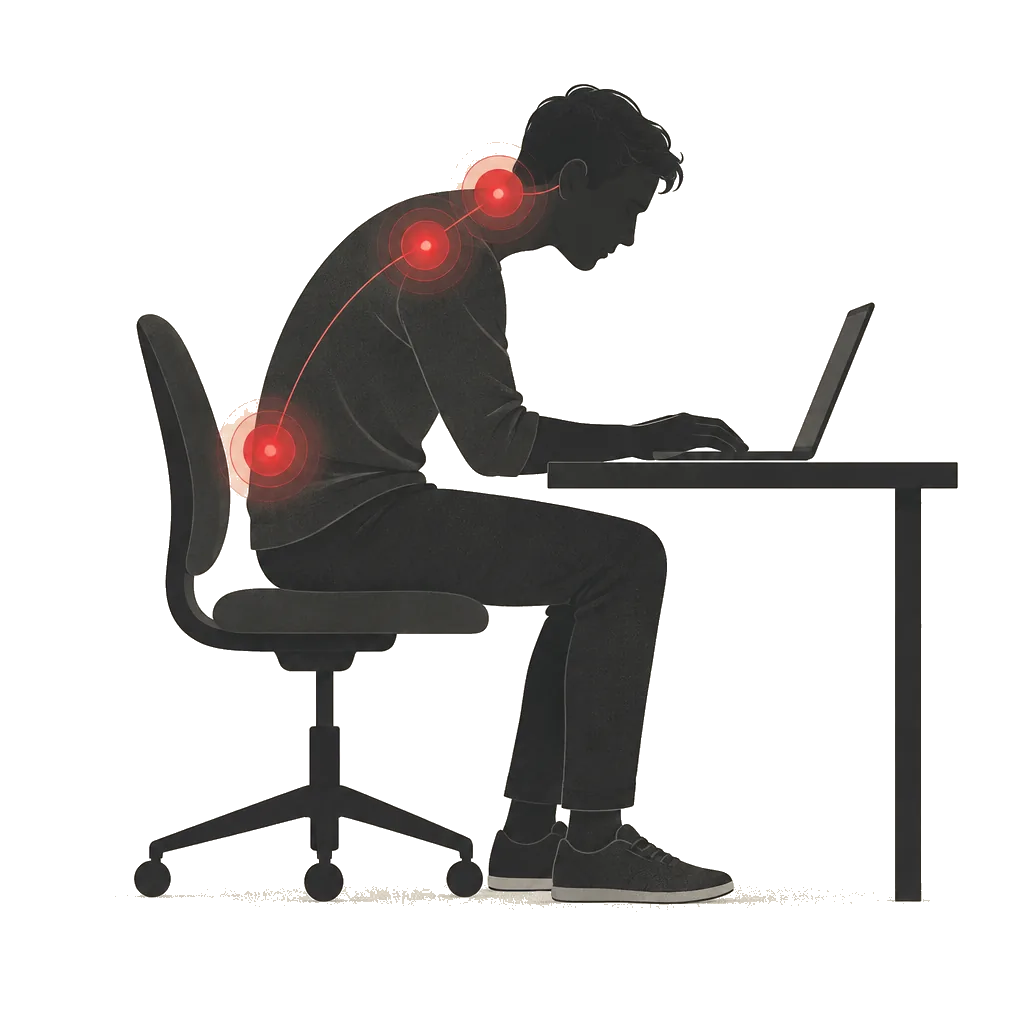 Illustration of slouched sitting posture with red highlights marking neck, shoulder and back pain points