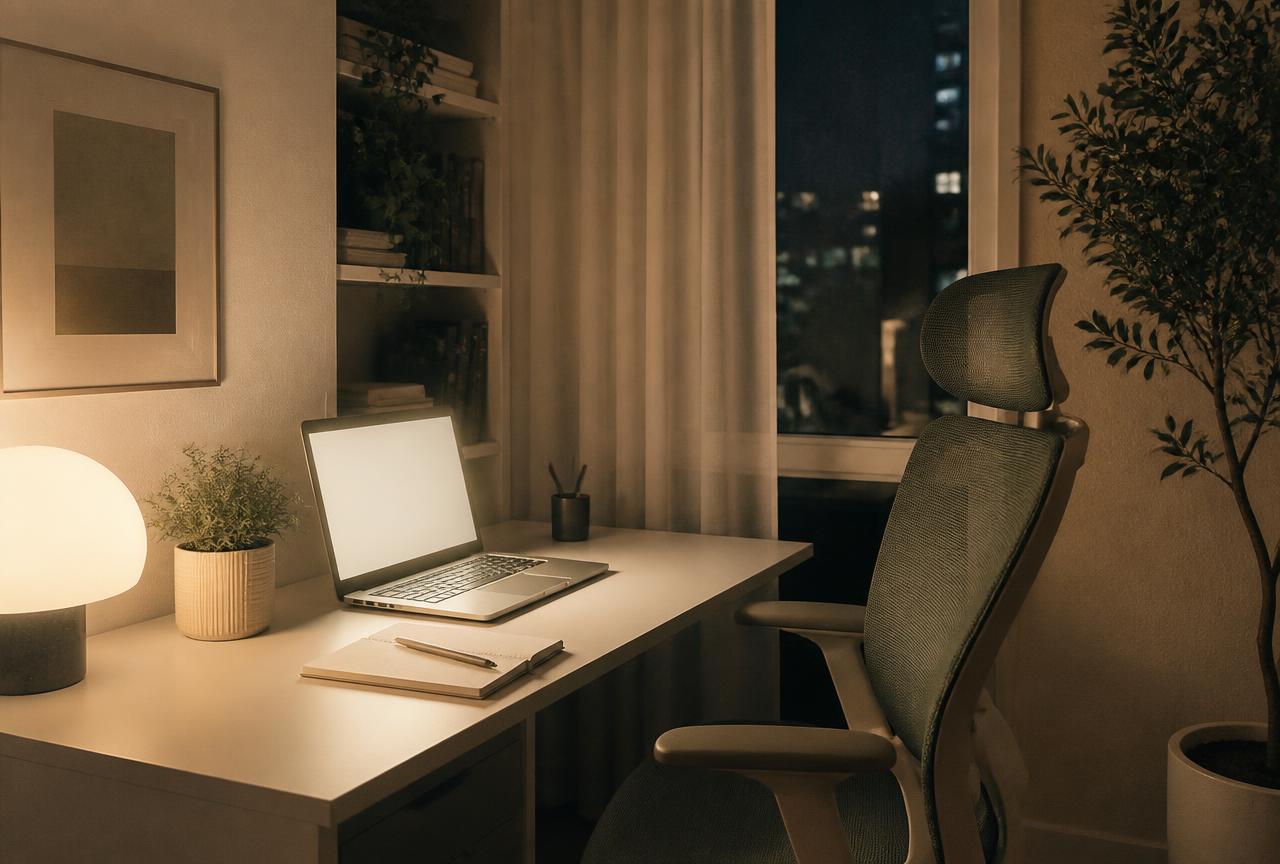 A desk lit by a lamp late at night with an empty chair