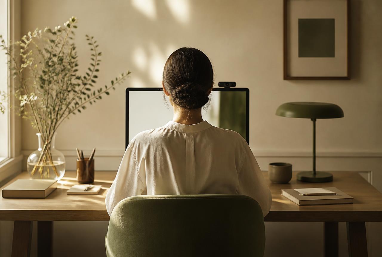 Someone sitting upright at a desk while working, with a webcam above the monitor